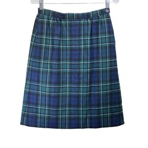 Pendleton Blue Green Womens Vintage Tartan Plaid Button Waist Skirt Petite